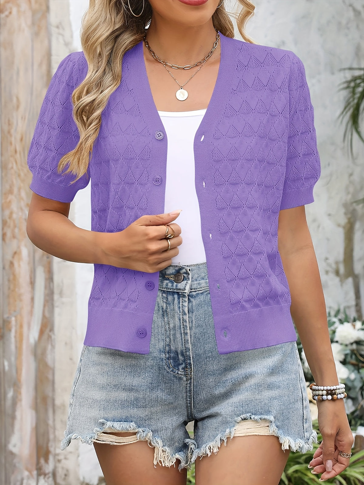 Women's Cropped Crochet Cardigan Puff Sleeve Linen Blend Sheer Lace Knit Short Top Breathable Lightweight Spring Summer Boho Fashion
