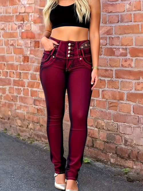 Burgundy Stretch Jeans Women Waist Embroidery Mid-Rise Butt-Lift Denim | Wine Red Elegant Slim Fit Long Pants All Season Trendy Fashion S-XXL