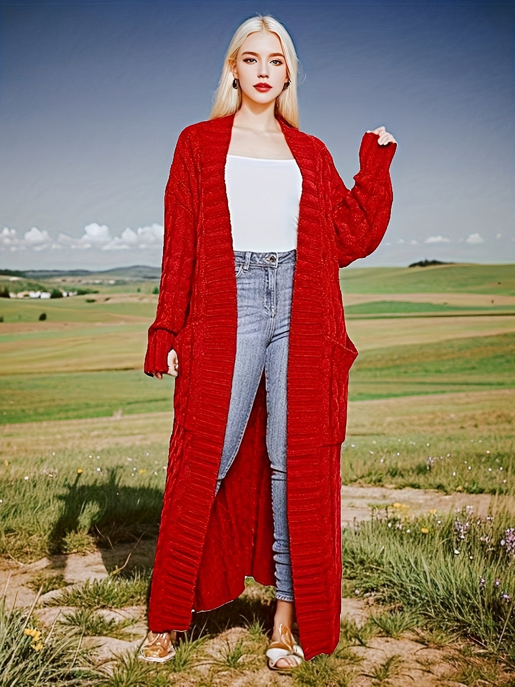 Longline Cardigan Women Oversized Drop Shoulder Open Front Knit Coat | Solid Color Textured Baggy Sweater with Pockets for Fall Winter Daily Wear