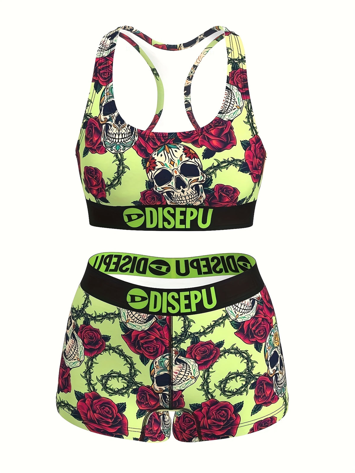 Skull & Rose Gothic 2-Piece Sports Bra & Shorts Set for Women – Neon Green High-Stretch Activewear for Gym, Yoga, Beach, Festival & Halloween Workout