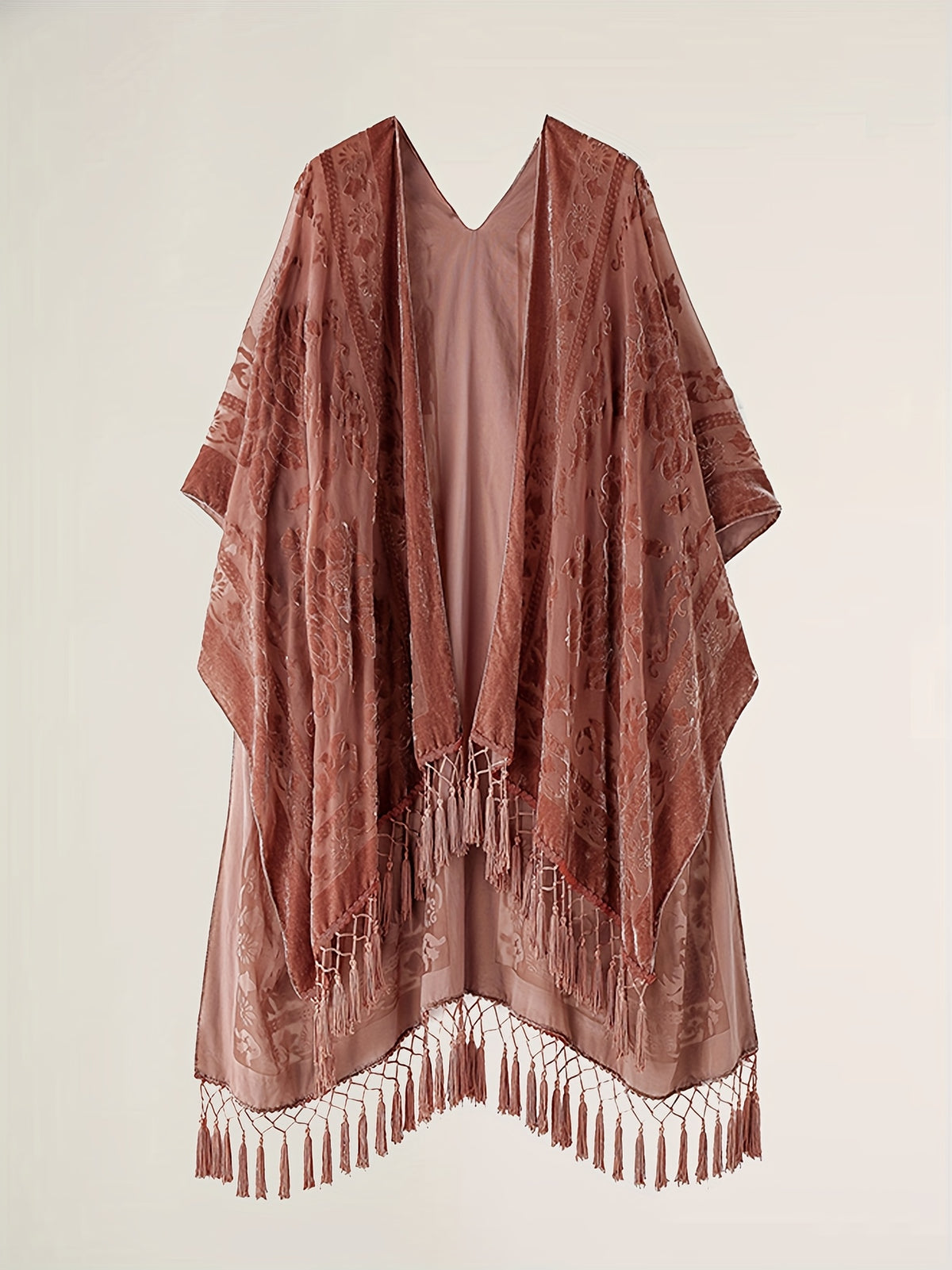 Boho Burnout Velvet Kimono Women Long Cardigan Cover Up Tassel Floral Embroidered One Size