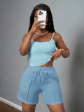 Cami Tank Top Sweat Shorts 2 Piece Set Women Slim Athletic Lounge Outfit Pockets Drawstring Athleisure Daily Wear S-XXL