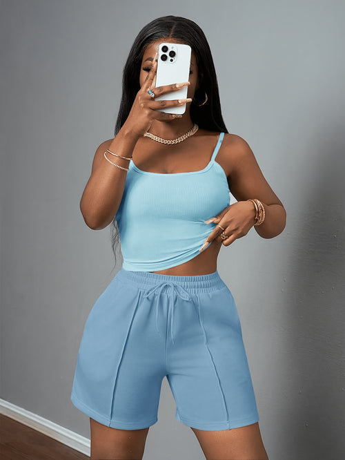 Cami Tank Top Sweat Shorts 2 Piece Set Women Slim Athletic Lounge Outfit Pockets Drawstring Athleisure Daily Wear S-XXL