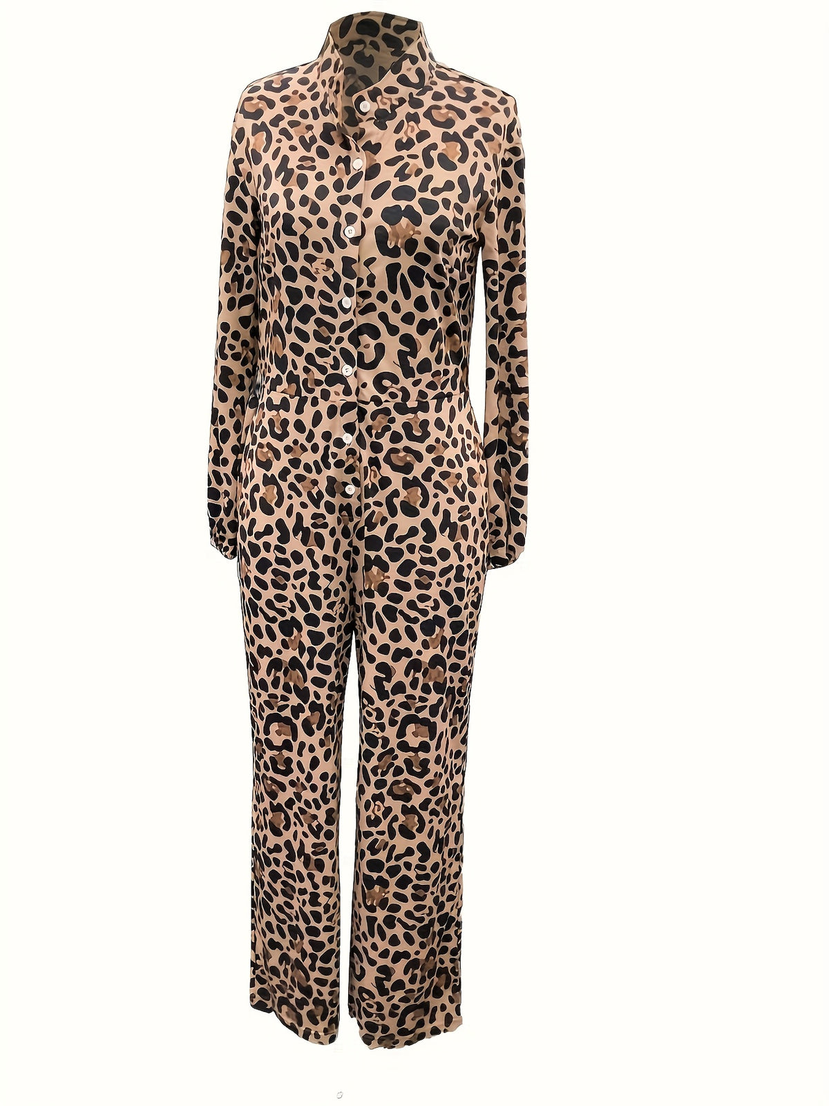 Women Leopard Print Jumpsuit Waist Tie Knot Casual One Piece Spring Summer Fall Khaki S-XXL