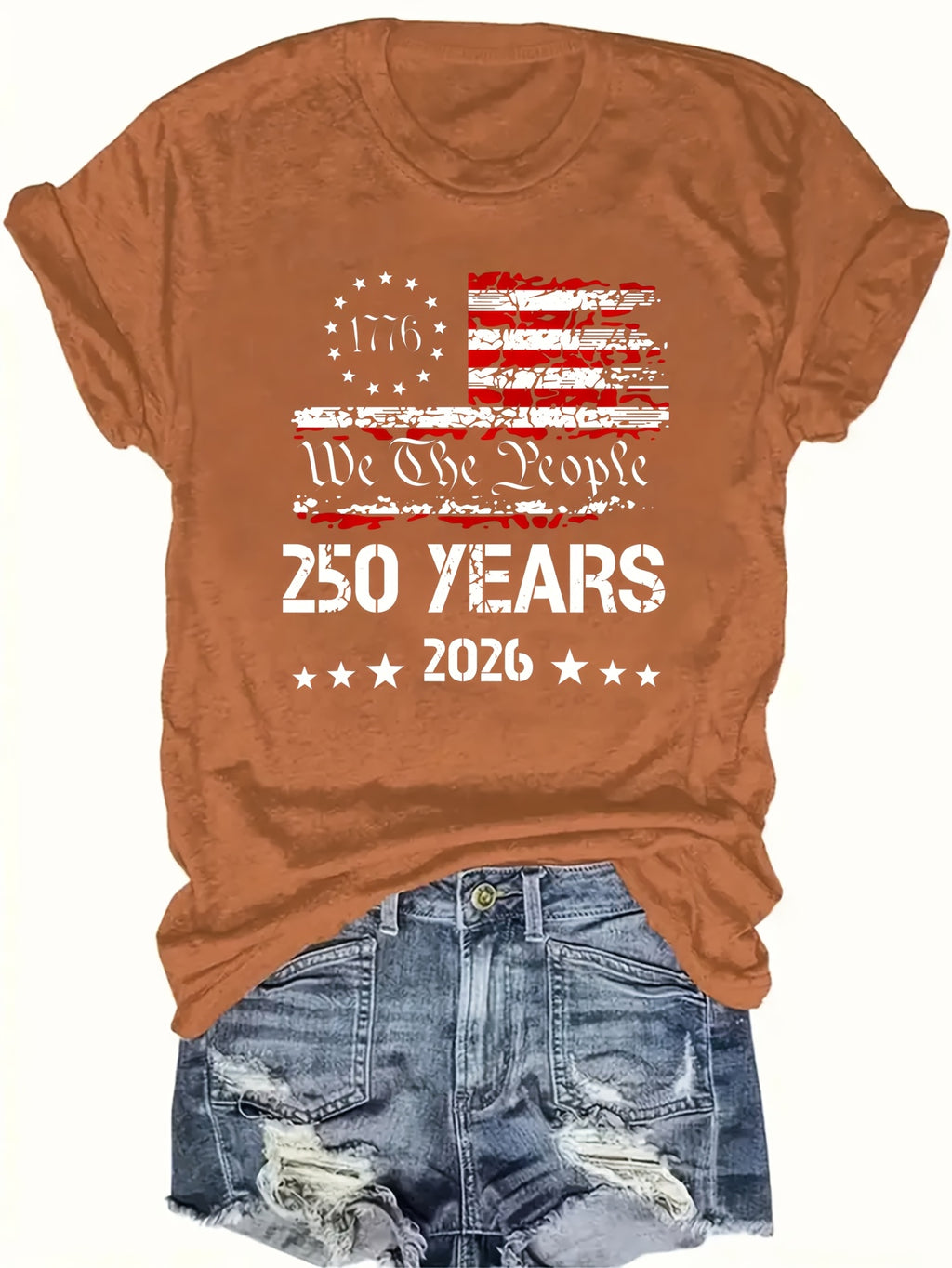 250 Years 2026 We The People Women's T-Shirt - Patriotic Flag Print Crew Neck Short Sleeve Pullover, Soft Comfortable Regular Fit Tee for USA Anniversary Celebrations