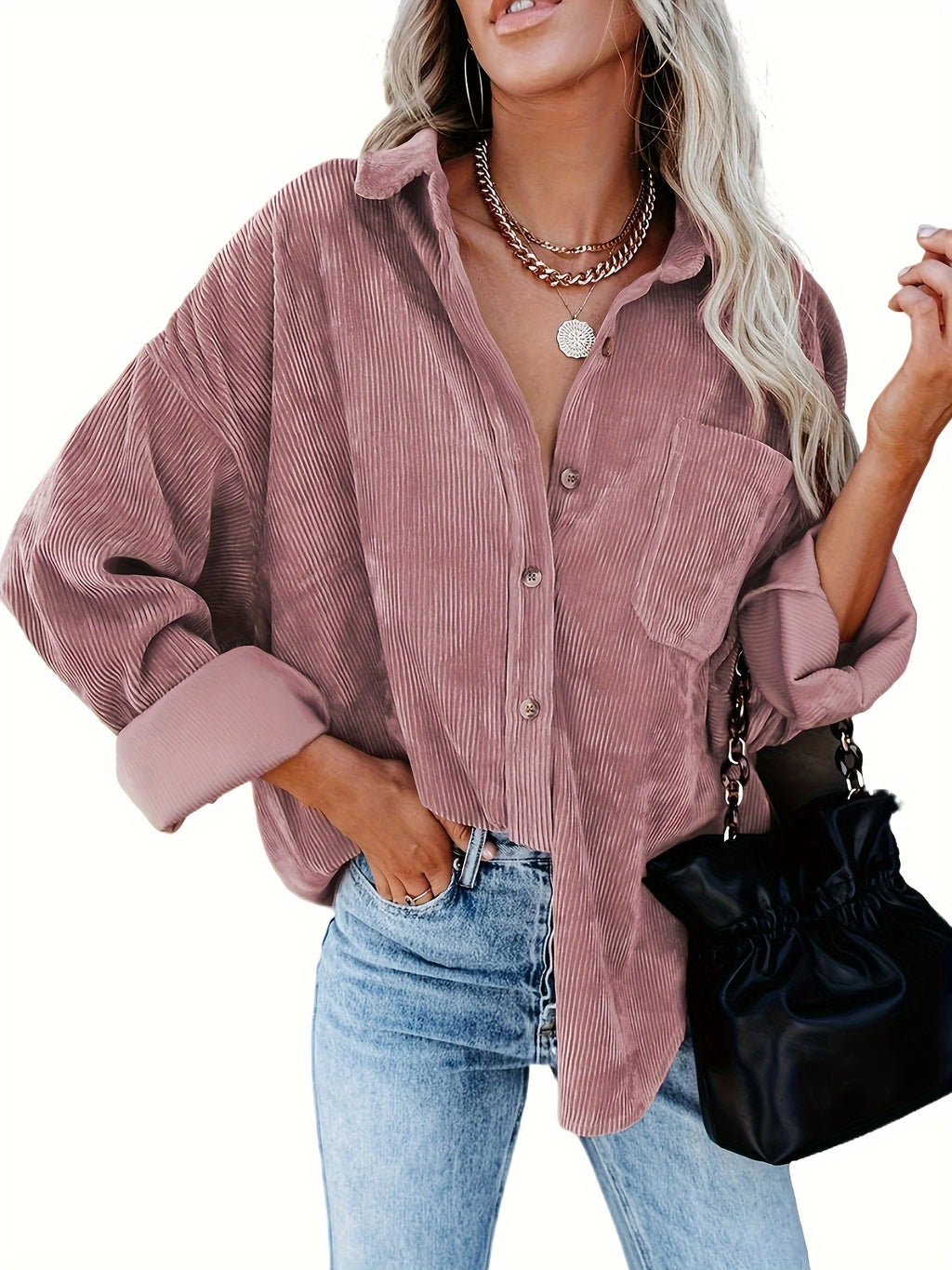 Women's Corduroy Oversized Shacket Long Sleeve Button Up V-Neck Shirt Jacket Loose Blouse with Pockets Fall Winter