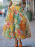 Floral Print Mesh Skirt for Women High Waist A-Line Swing Midi Skirt Watercolor Dopamine Colorful Flowy Summer Skirt Fluffy Lightweight Polyester Multi Color
