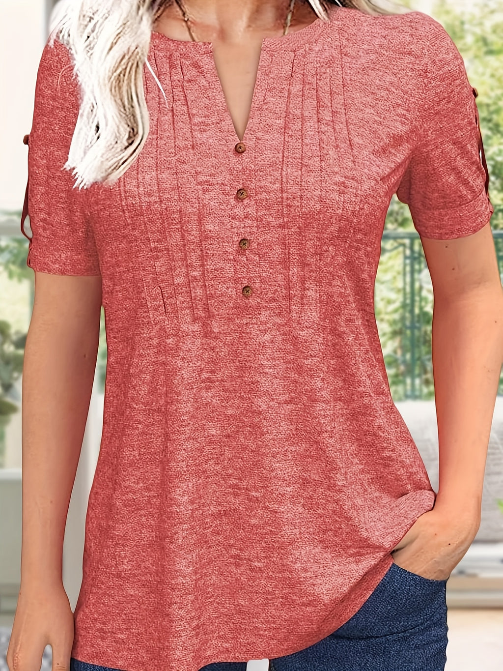 Button Front V-Neck Top Women Pleated Detail Short Sleeve Solid Color Casual Summer Blouse Lightweight Breathable Machine Washable