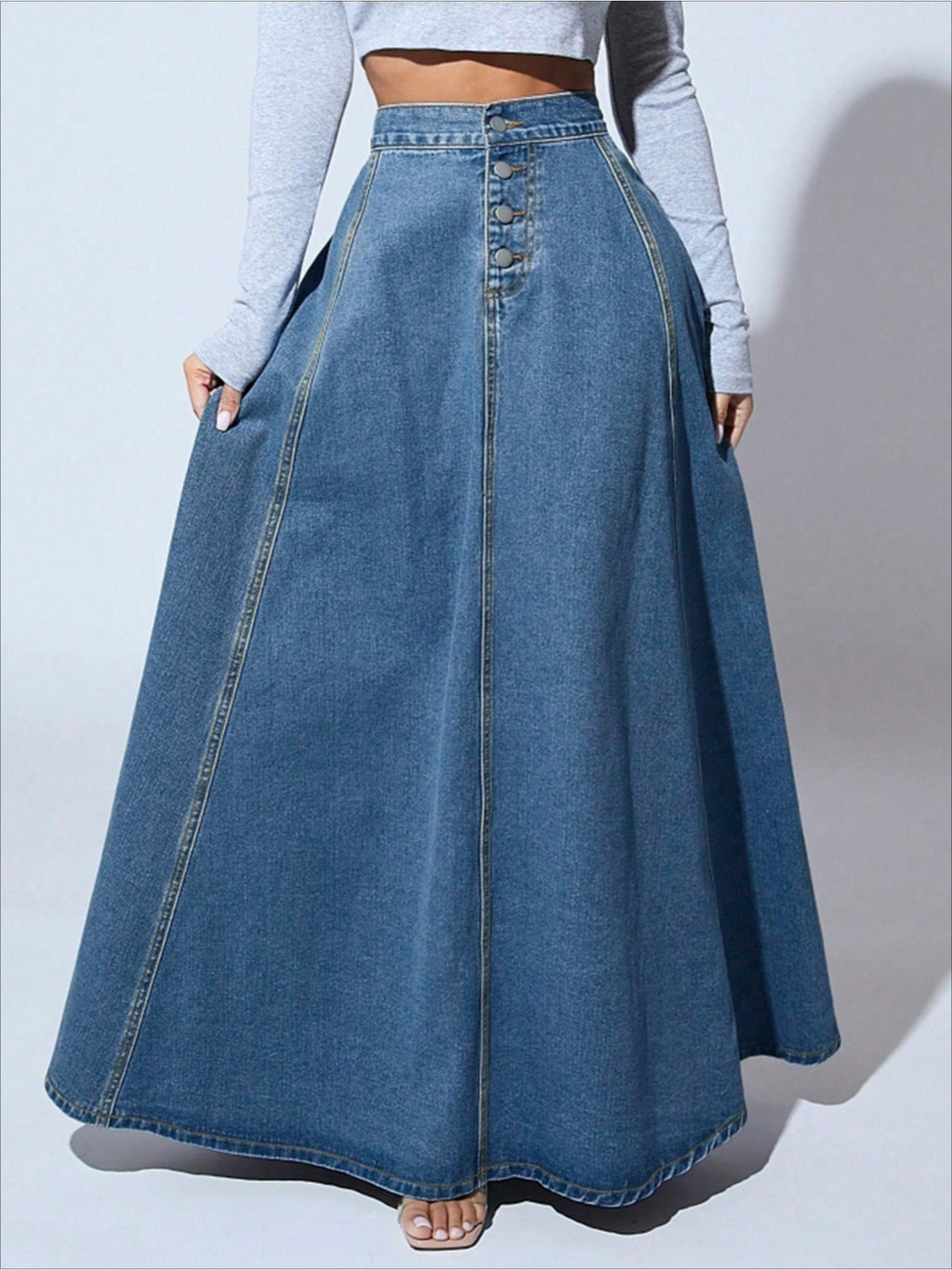 Women Single Breasted Denim Midi Skirt Vintage Flared A-Line Lace Patchwork Flowy Dark Blue XS-XXL Spring Summer Fall