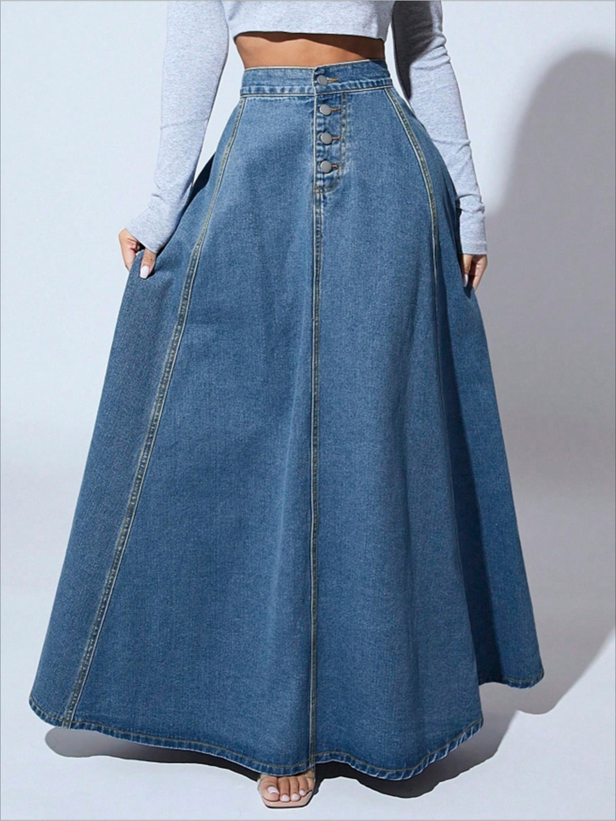 Women Single Breasted Denim Midi Skirt Vintage Flared A-Line Lace Patchwork Flowy Dark Blue XS-XXL Spring Summer Fall