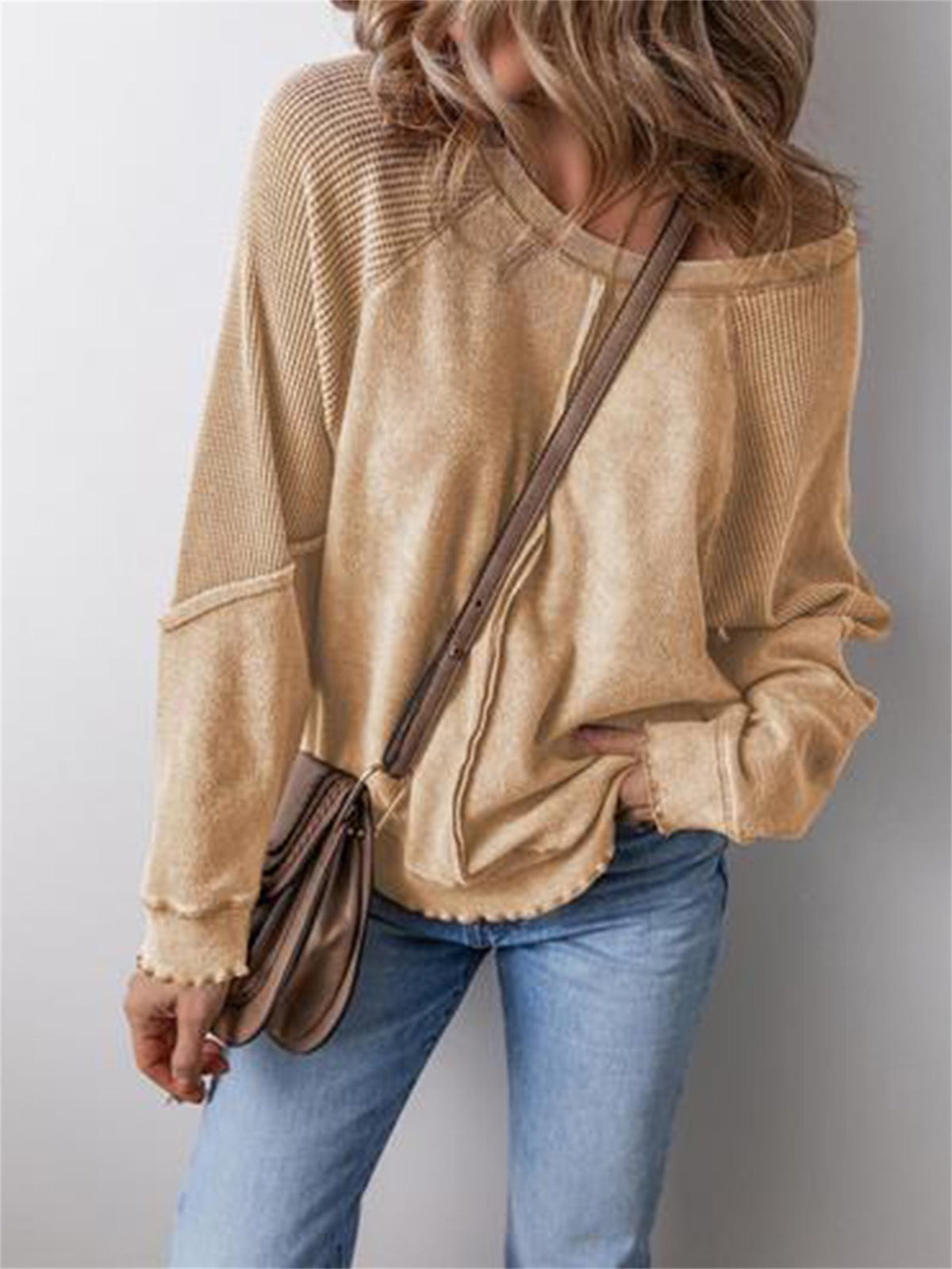 Women's Waffle Knit Long Sleeve Top Loose Spliced Color Block Casual Street Fashion Spring Fall Lightweight Pullover Shirt