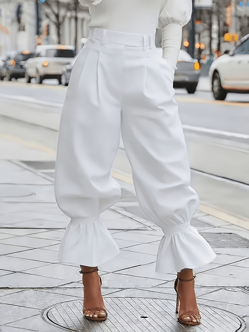 High Waist Ruffle Hem Balloon Pants Women Elegant Office Casual Wide Leg Trousers Versatile Work Weekend Wear S-XL