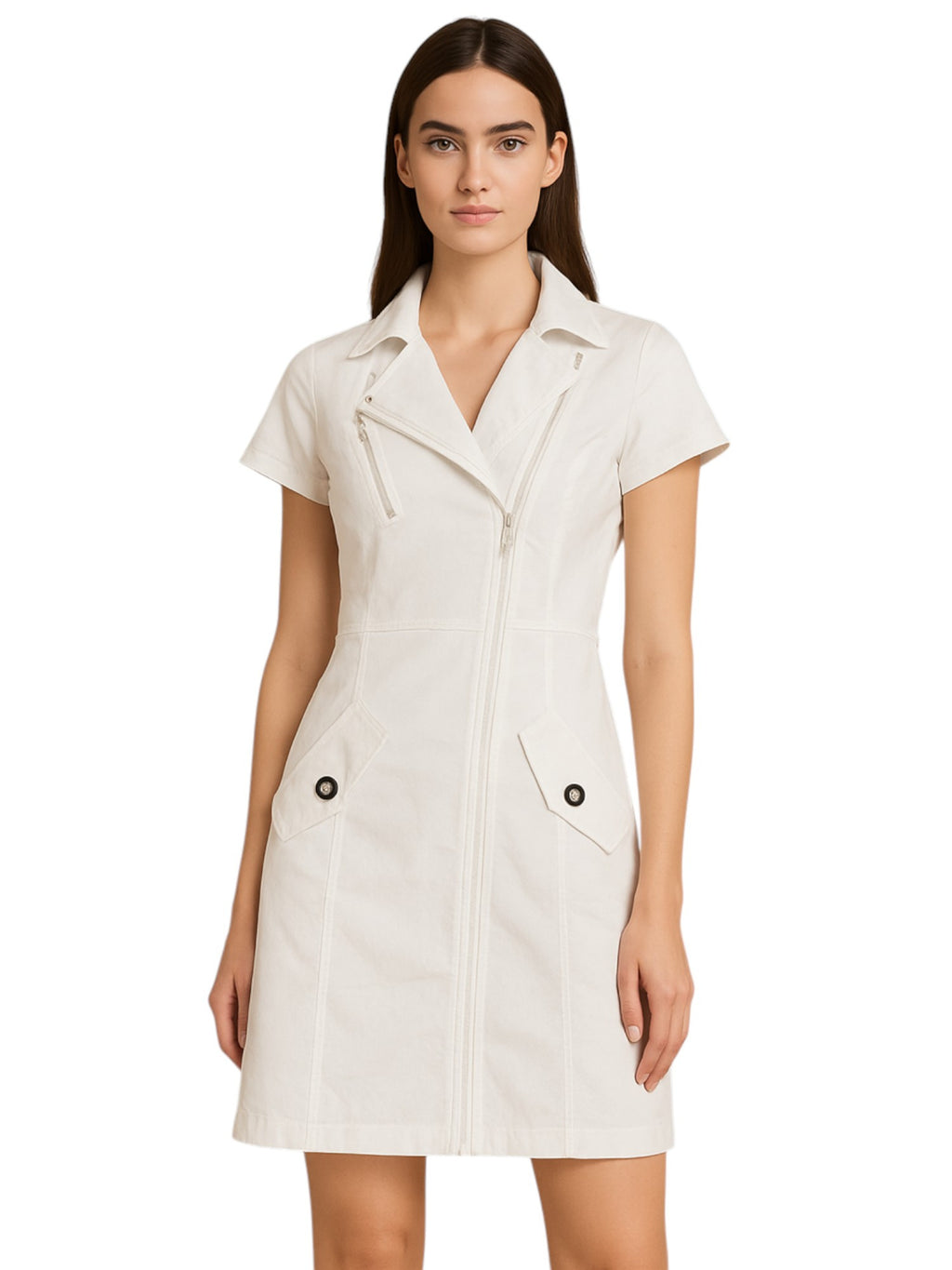 Zip Up Utility Dress Women Short Sleeve Notched Collar Zippered Pockets Elasticized Waist Tailored Casual Work Weekend Shirt Dress Lightweight