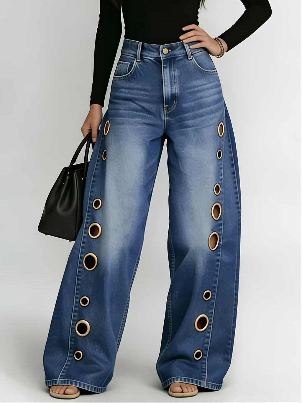 High Waist Wide Leg Jeans Women Retro Metal Eyelet Denim Pants Loose Casual Street Style Y2K Cool Streetwear