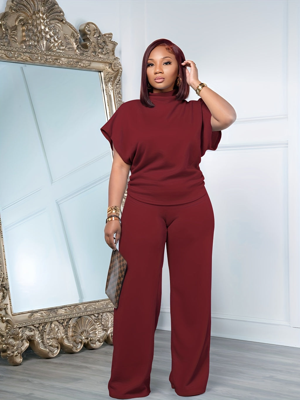 Women's Casual Sports Two-Piece Set Short Sleeve Semi-High Neck Loose Top + Wide-Leg Pants | Athleisure Tracksuit Coord for Spring Summer Daily Wear Lounge