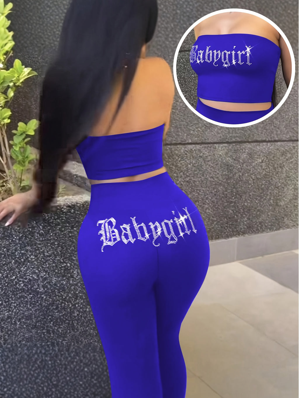 Rhinestone Strapless Crop Top High Waist Flare Pants 2 Piece Set Women Black Bodycon Streetwear Spring Summer S-XXL