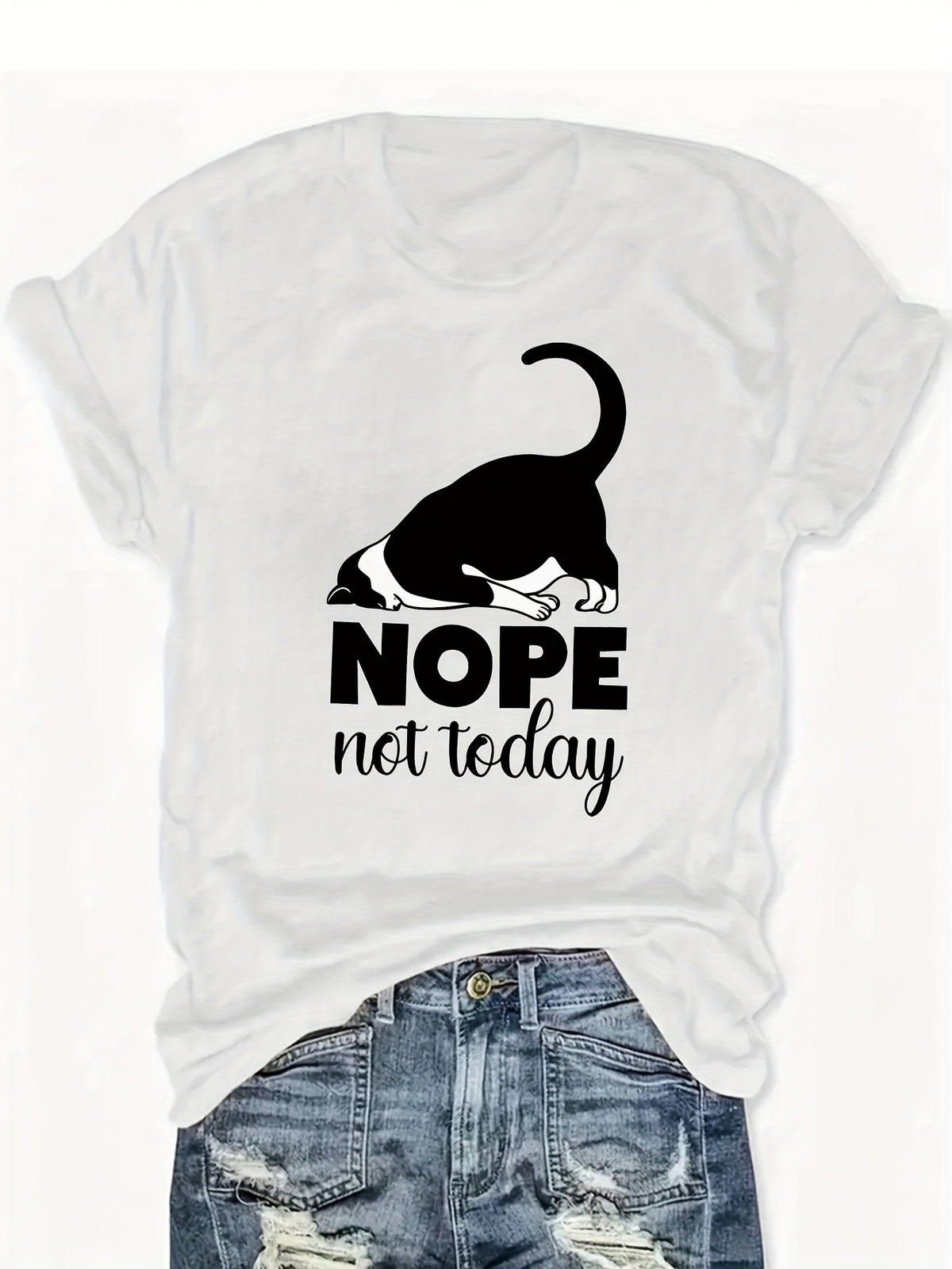 Cute Cat Graphic T-Shirt Women Nope Not Today Slogan Sleeping Cat Print Crew Neck Casual Fun Whimsical Tee Cat Lover Gift Birthday Holiday Top S-XXL