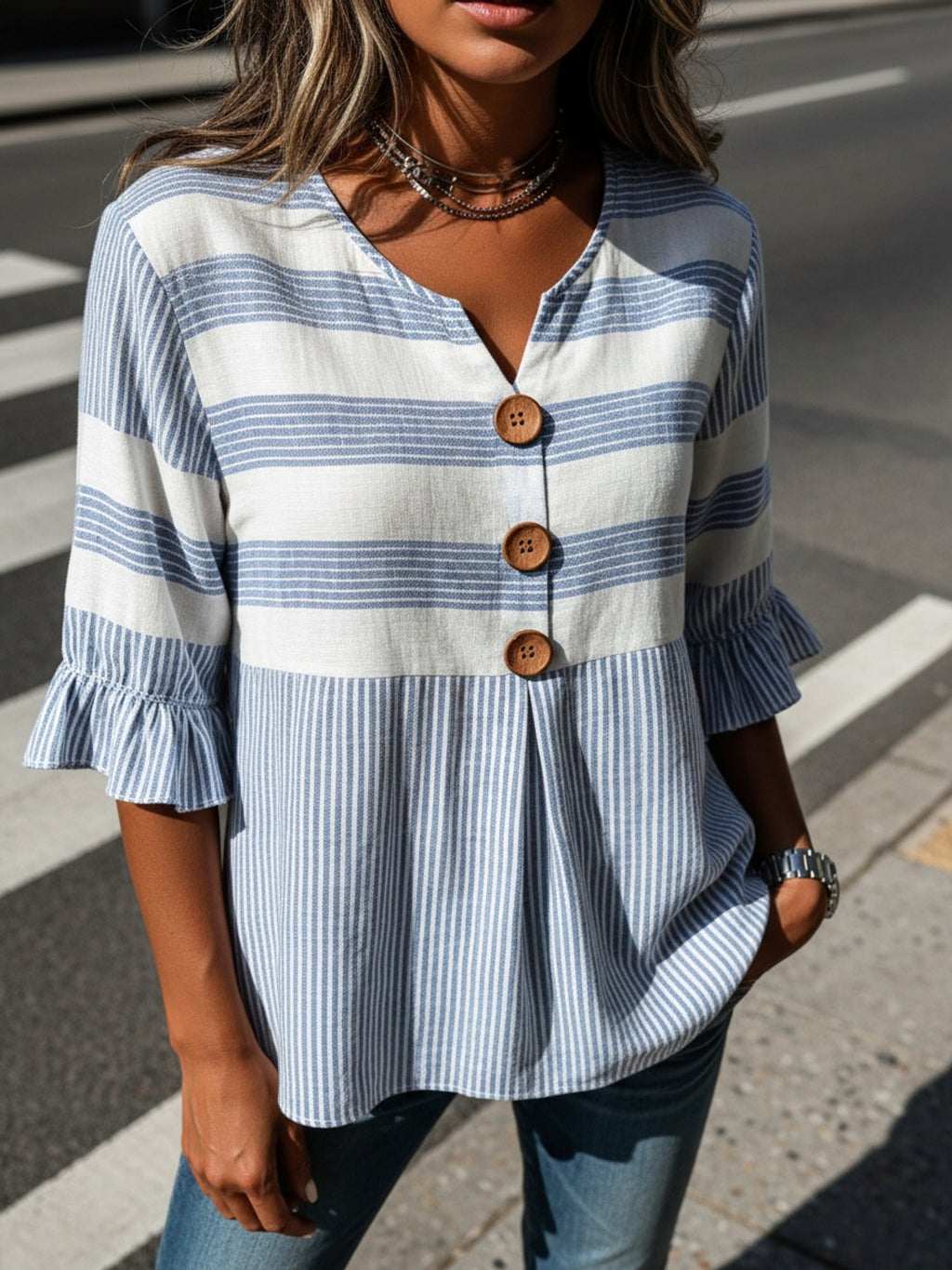 Striped V-Neck Blouse Women Ruffle 3/4 Sleeve Loose Fit Tunic Top Lightweight Linen Button Detail Summer Shirt S-2XL