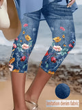 Faux Denim Print Capri Leggings for Women – Imitation Denim Floral Pattern 3/4 Length, Mid-Stretch Knit, Elegant Party Vacation Commute, 5 Colors S-XXL