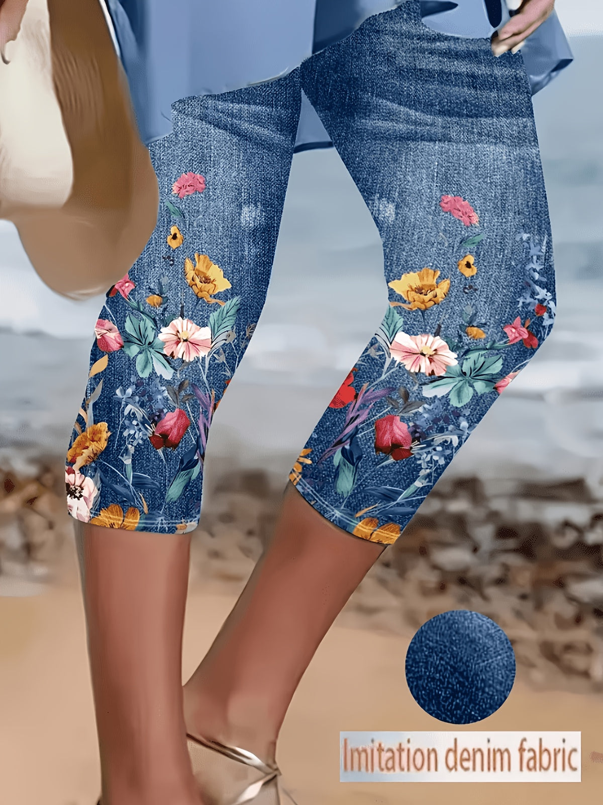 Faux Denim Print Capri Leggings for Women – Imitation Denim Floral Pattern 3/4 Length, Mid-Stretch Knit, Elegant Party Vacation Commute, 5 Colors S-XXL