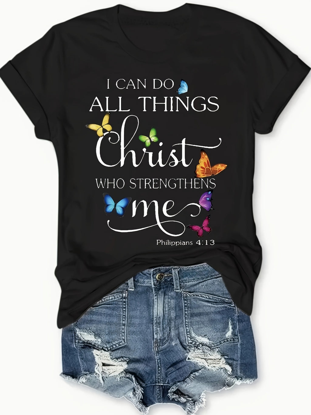 Women's Butterfly Letter Print Short Sleeve Crew Neck Tee Vintage Casual Top Dark Gray Black S-XXL