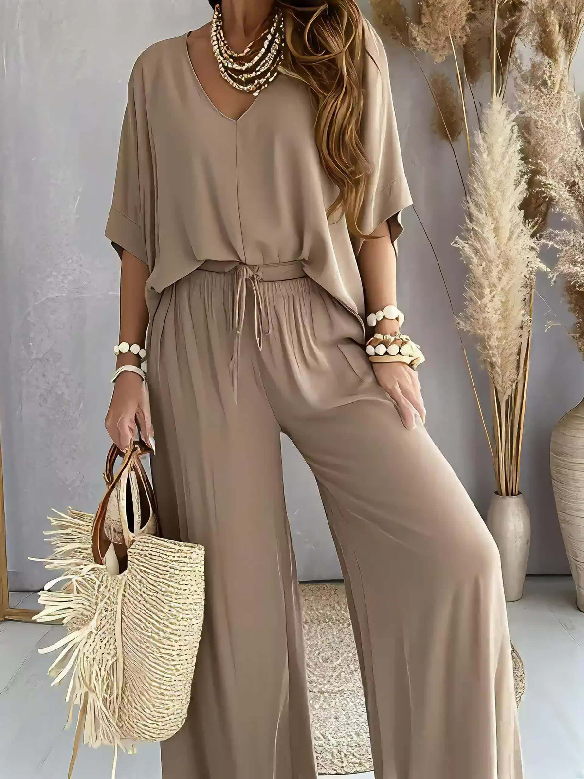 Women's 2-Piece Pants Set Double V-Neck Batwing Sleeve Top & High Waist Wide-Leg Pants Bohemian Vacation