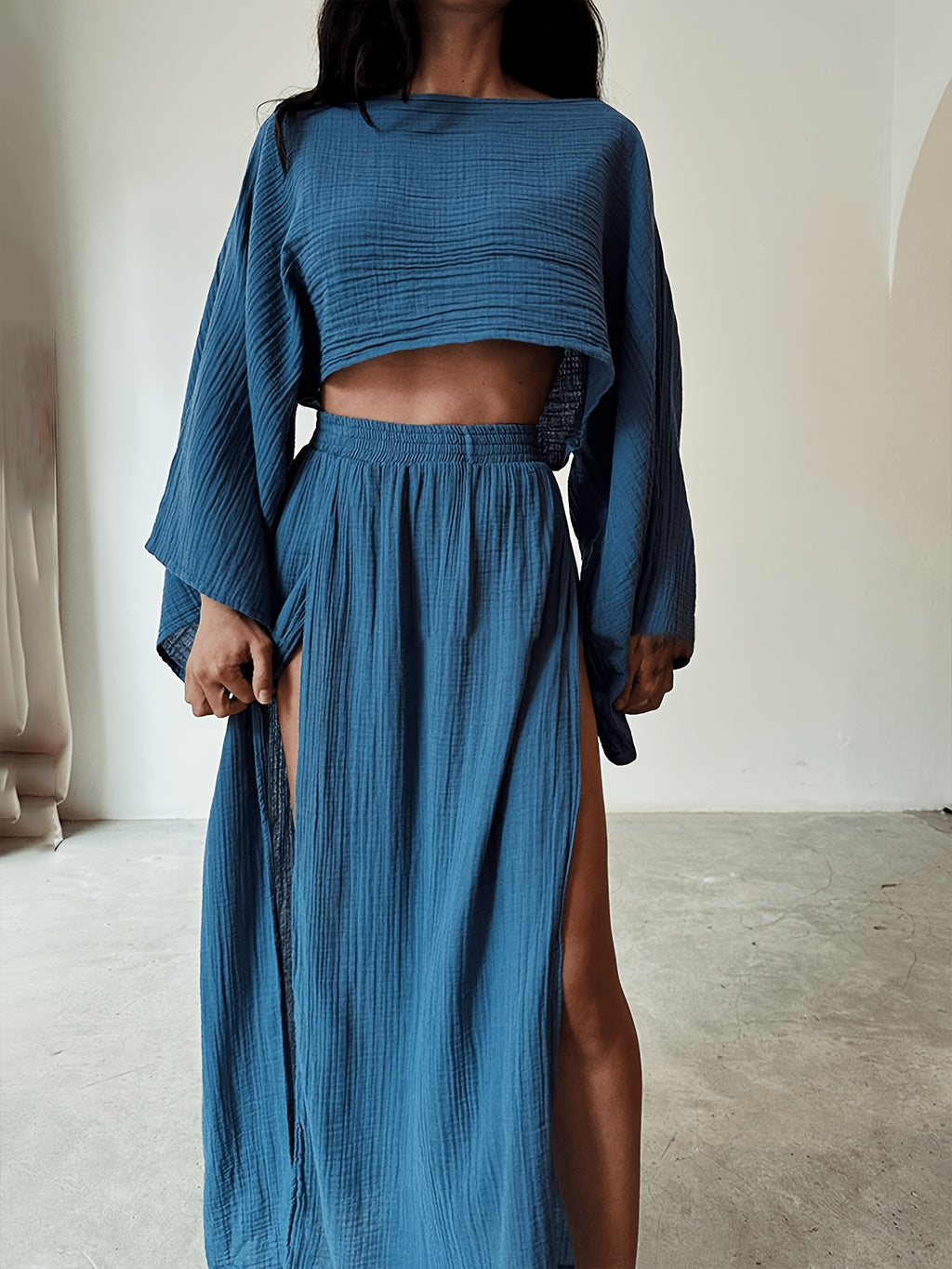 Cropped Top & High-Waist Slit Pants Two-Piece Set for Women - Soft Relaxed Fit Chic Vacation Outfit for Beach Casual Friday & Weekend Errands
