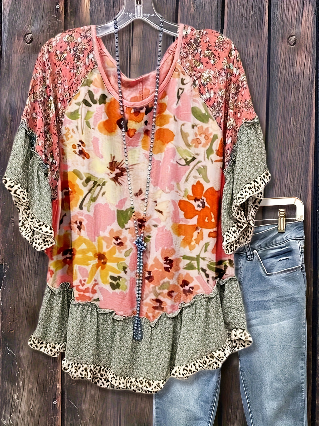 Mixed Floral Print Loose Blouse Women Casual Spring Summer Top | Lightweight Relaxed Fit Flowy Shirt Everyday Boho Fashion Wear S-XXL