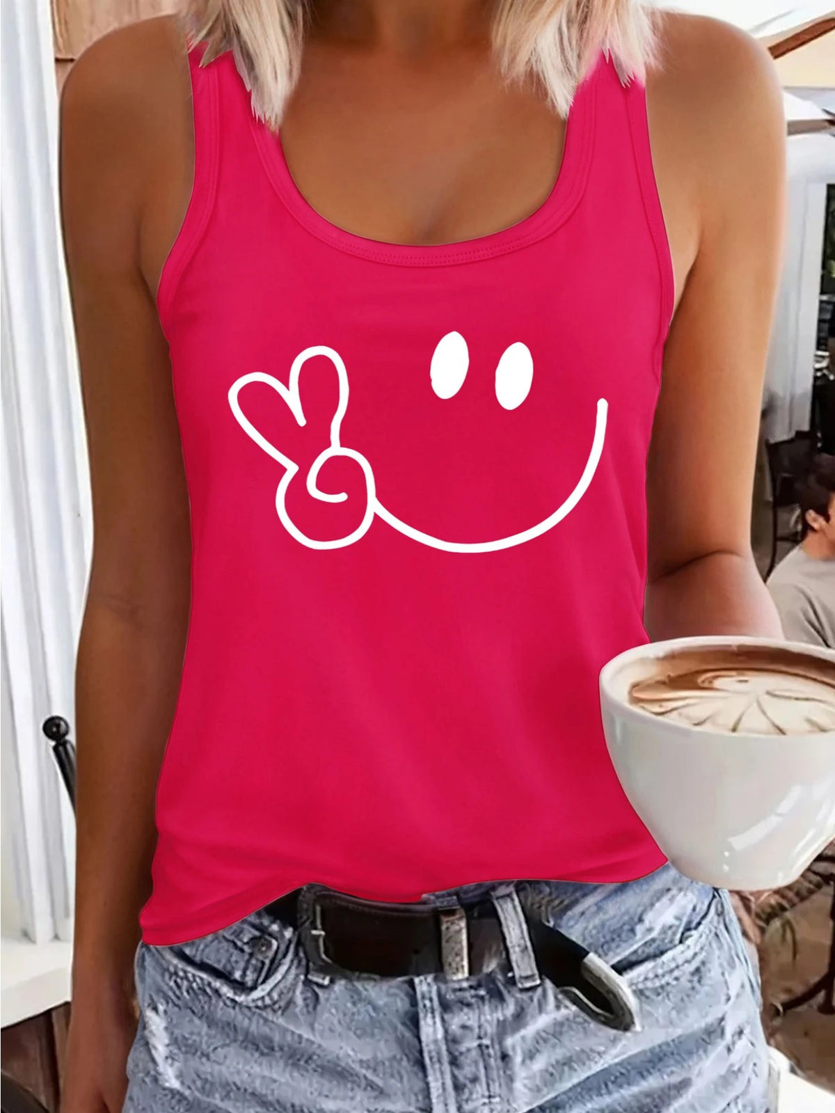 Smile Graphic Sleeveless Sports Vest for Women Elastic Athletic Tank Top Casual Outdoor Activewear Loose Fit Summer Leisure Shirt