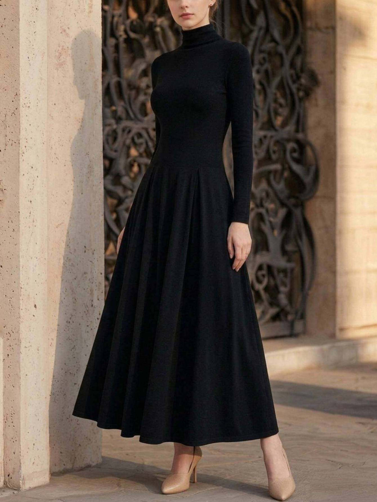 High Neck Long Sleeve Fitted Maxi Dress Women Elegant Black Pleated Hem Office Date Fall Winter Formal Dress Smooth Fit S-XXL