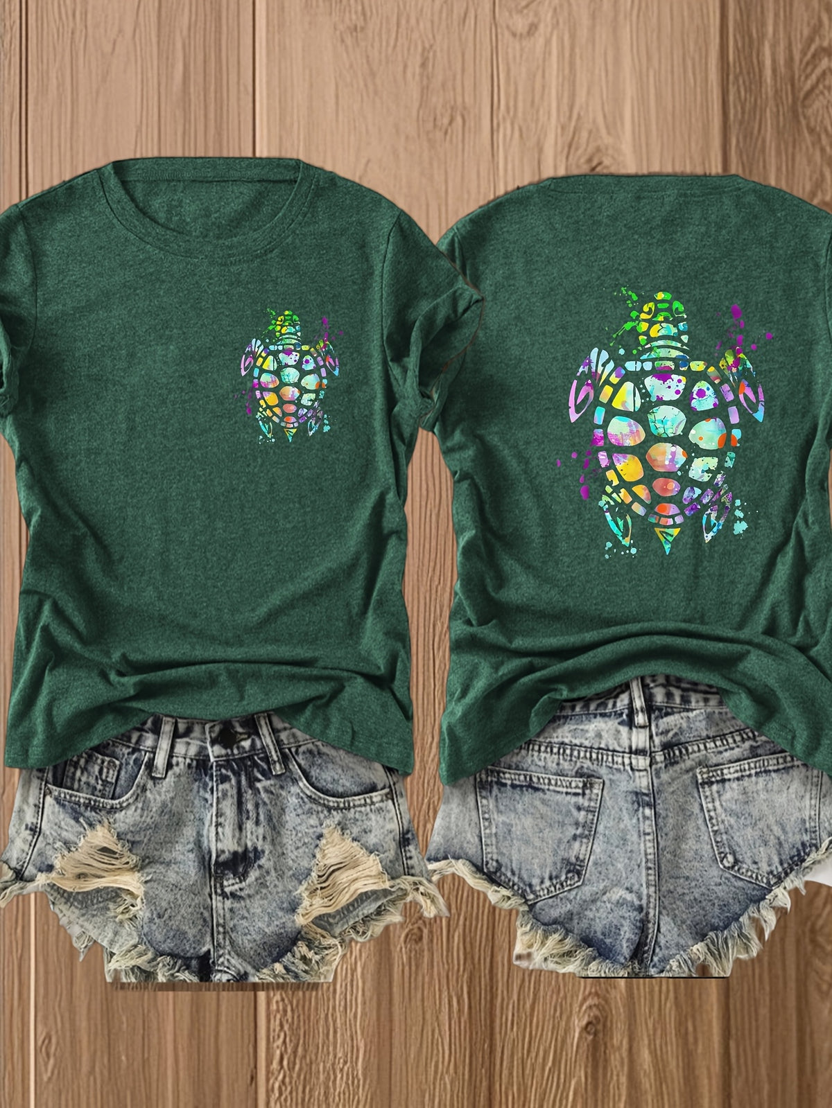 Tribal Turtle Print T-Shirt Women Colorful Artistic Double-Sided Graphic Tee Casual Beach Summer Top Nature Lover Gift S-XXL
