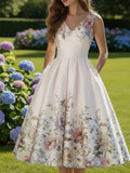 Printed Sleeveless V-Neck Dress Women Waist-Cinching Flared Skirt Elegant Spring Summer Casual Dress for Garden Party Date