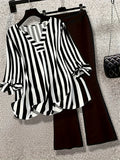 Black White Striped V-Neck Tie Sleeve Blouse and Flare Pants 2-Piece Set Chic Office Street Style S-XL
