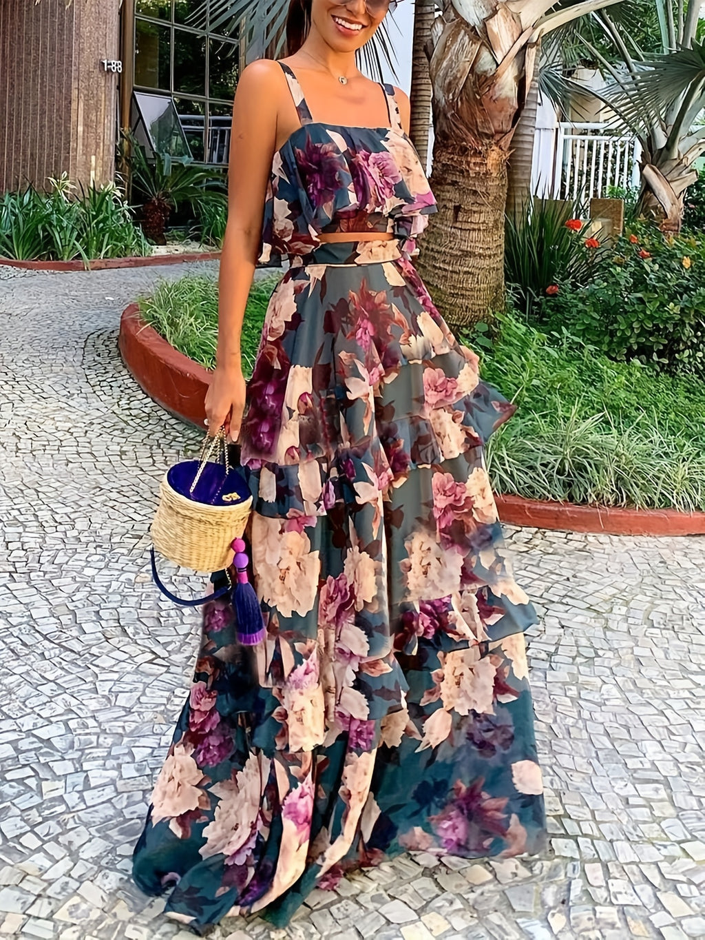 Boho Floral Print Halter Peplum Top and Cake Skirt 2pcs Set Women Beach Vacation Holiday Casual Spring Summer S-XXL