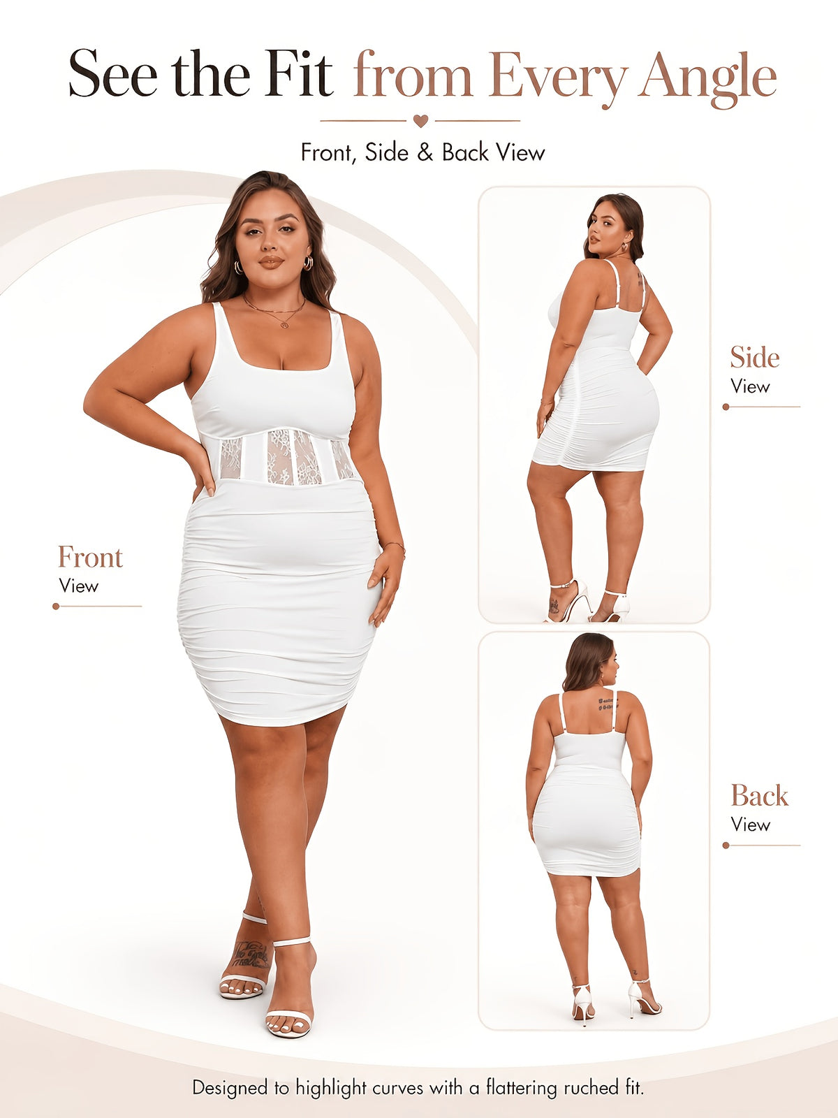 Plus Size Floral Lace Bodycon Mini Dress Women Square Neck Ruched Evening Party Dress Black White Beige 1XL-4XL