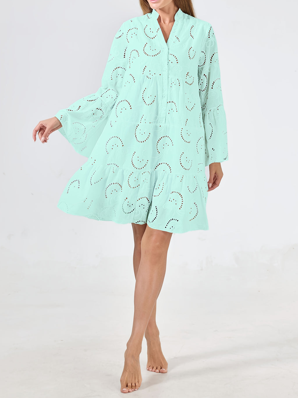 Mint Green V-Neck Bell Sleeve Lace Cut-Out Midi Dress Women Casual Party Long Dress S-XXL
