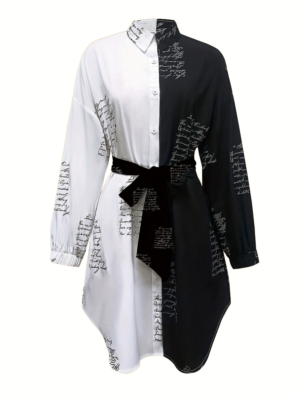 Black White Contrast Shirt Dress Women Waist Tie Polo Collar Long Sleeve A-Line Printed Midi Dress | Daily Wear