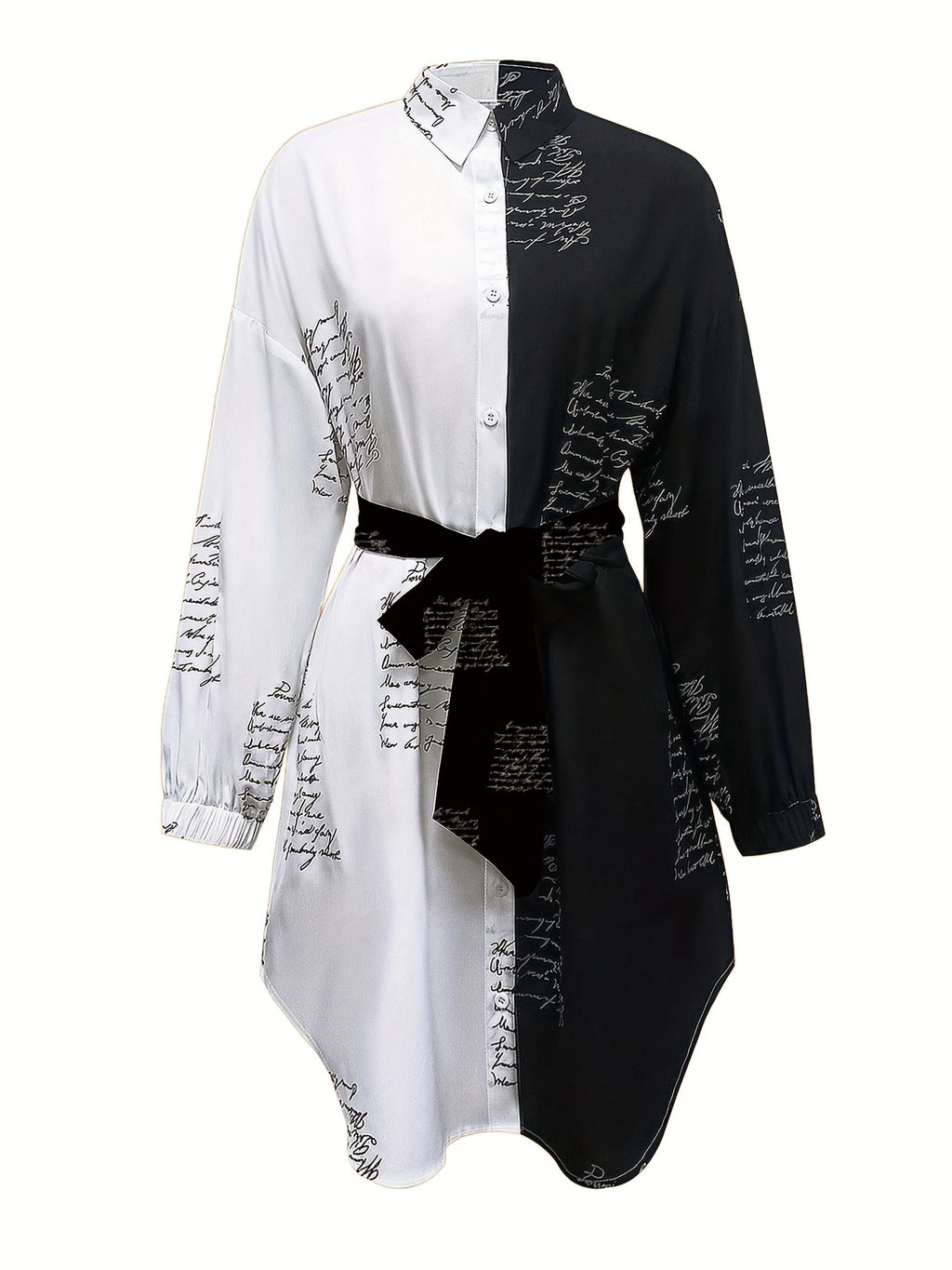 Black White Contrast Shirt Dress Women Waist Tie Polo Collar Long Sleeve A-Line Printed Midi Dress | Daily Wear