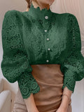 Heavy Lace Stand Collar Blouse for Women – Hollow Flower Long Sleeve Top with Pearl French Buttons, Elegant Solid Color Dressy Shirt