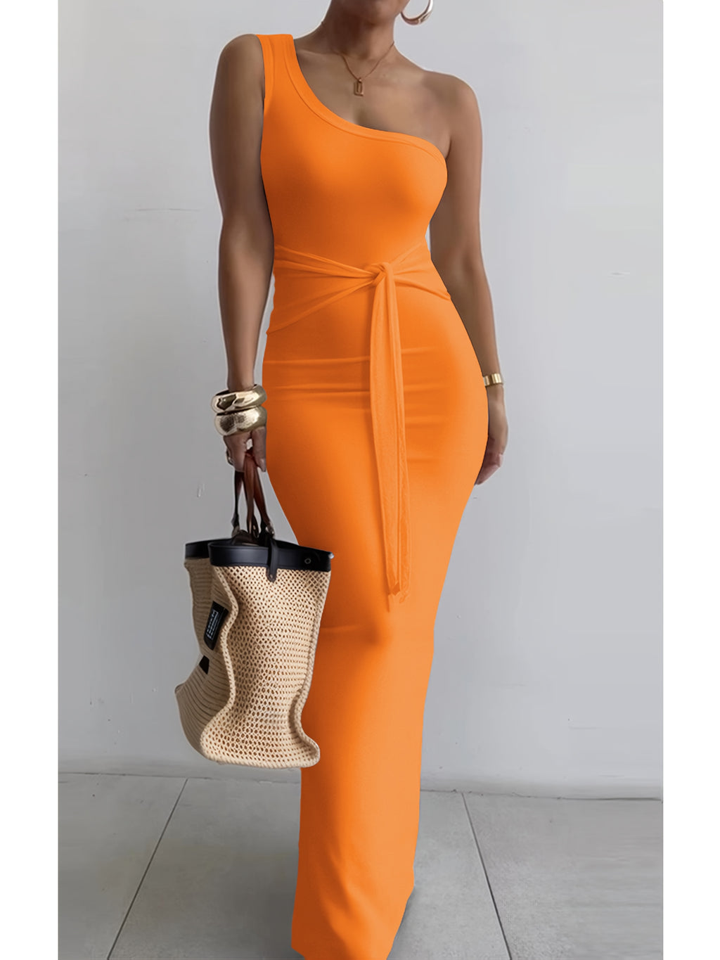 One Shoulder Long Dress Women Pencil Fit Drawstring Waist Sexy Knit Bodycon Maxi Dress Summer Party Dress S-XXL