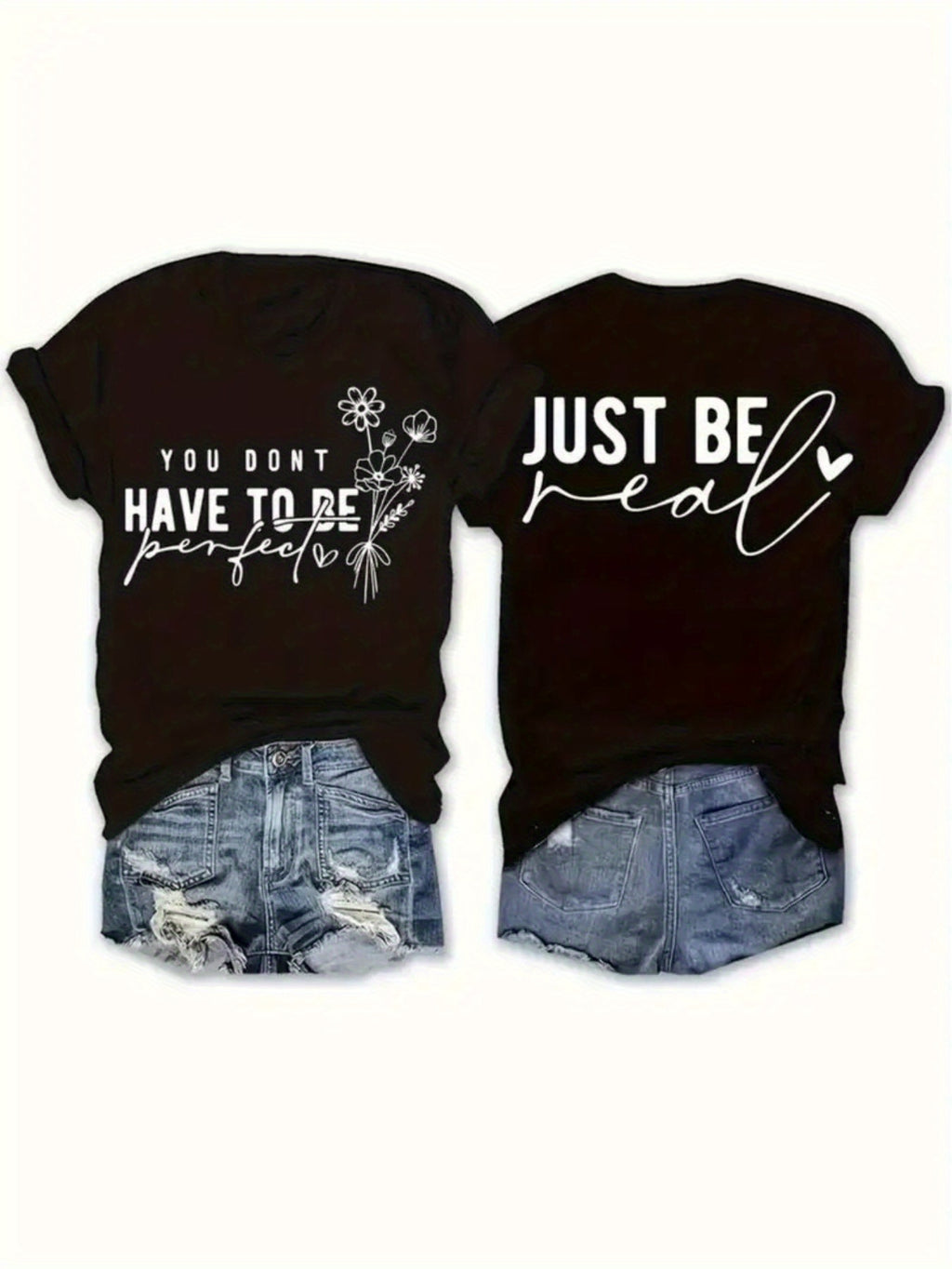 Letter Print T-Shirt Women Two-Sided Graphic Tee Round Neck Short Sleeve Casual Summer Top Streetwear Fashion Statement Shirt