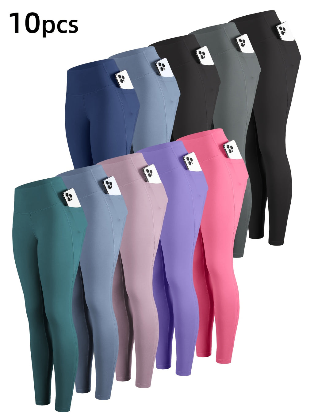 10pcs Solid Color High Waisted Leggings for Women – Cropped Tight Leggings with 2 Pockets, Multicolor