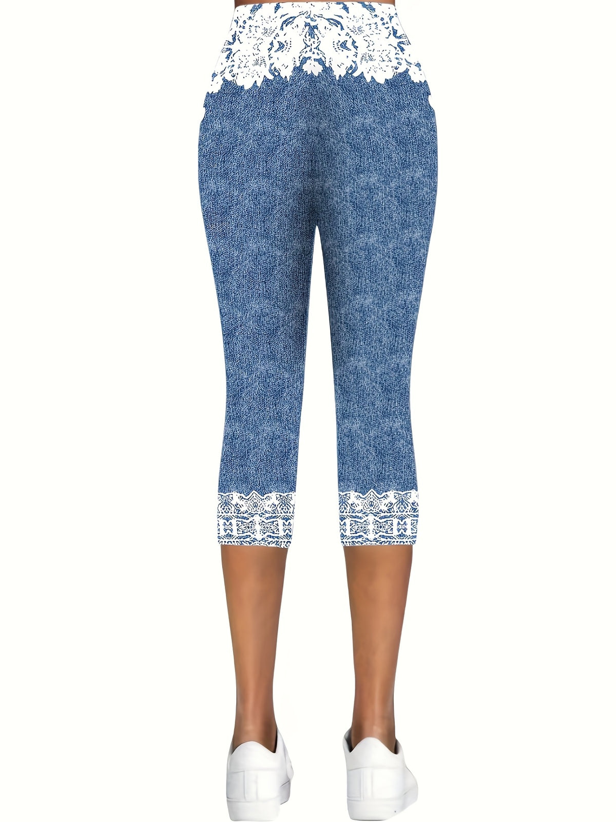 Printed Stretch Capri Leggings for Women – Peacock Blue Beach Style Fashion Seven-Eighths Pants, Stretchy Slim Fit Cropped Bottoms, Casual Summer, S-XXL