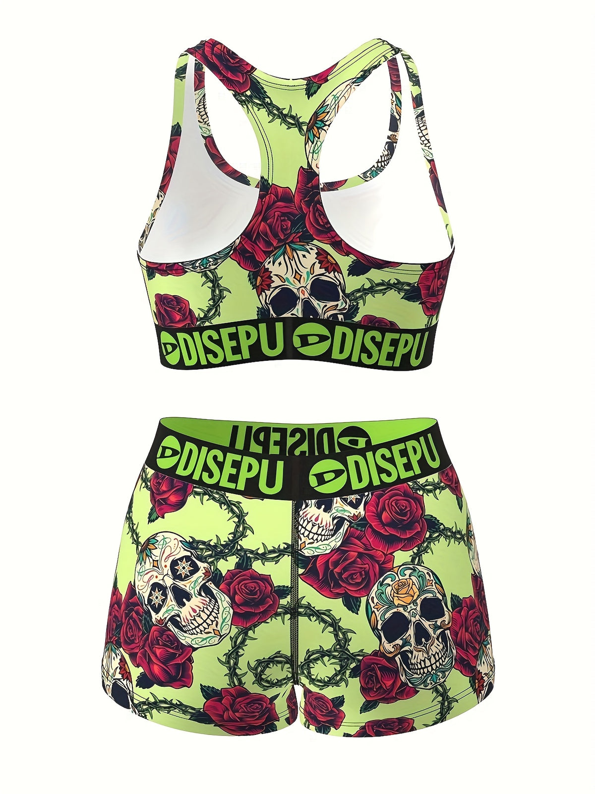 Skull & Rose Gothic 2-Piece Sports Bra & Shorts Set for Women – Neon Green High-Stretch Activewear for Gym, Yoga, Beach, Festival & Halloween Workout