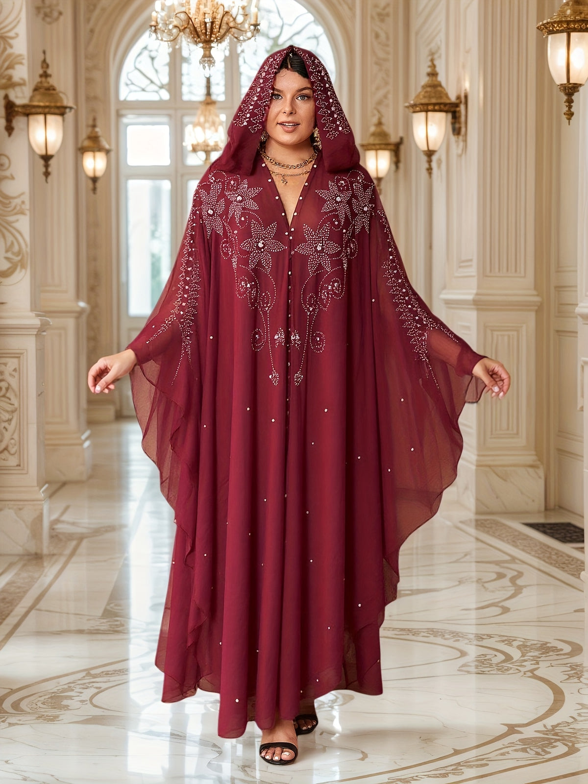 Rhinestone Cape Abaya Dress Women Batwing Trumpet Sleeves Long Cape Semi-Sheer Pearl Crystal Split Hem Formal Wedding