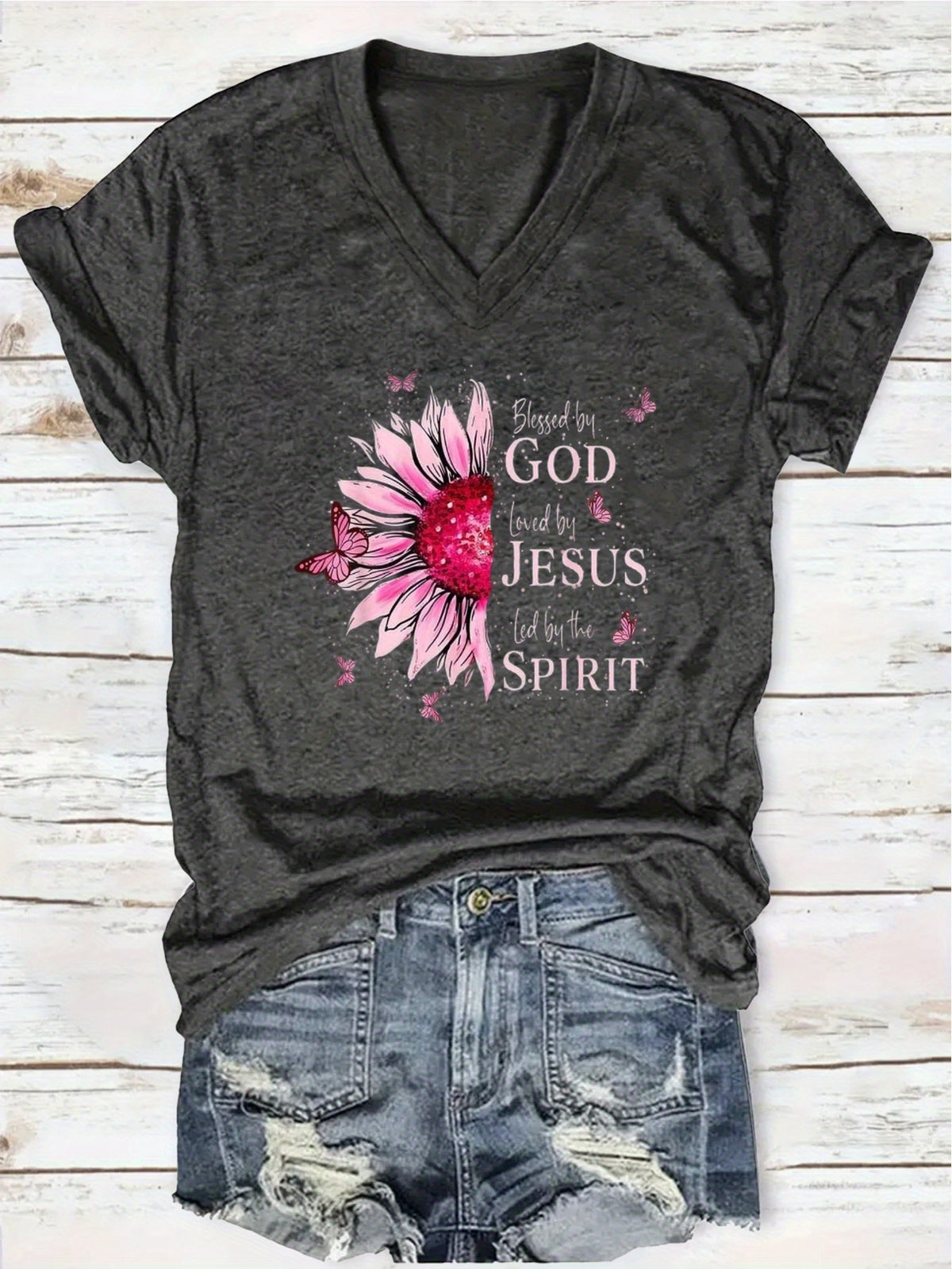 Printed V-Neck T-Shirt Women Casual Short Sleeve Summer Top 5 Colors S-XXL