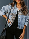 Leopard Print Stretch Denim Jacket Women Long Sleeve Ripped Washed Distressed Single Button Pocket Regular Fit Spring Fall