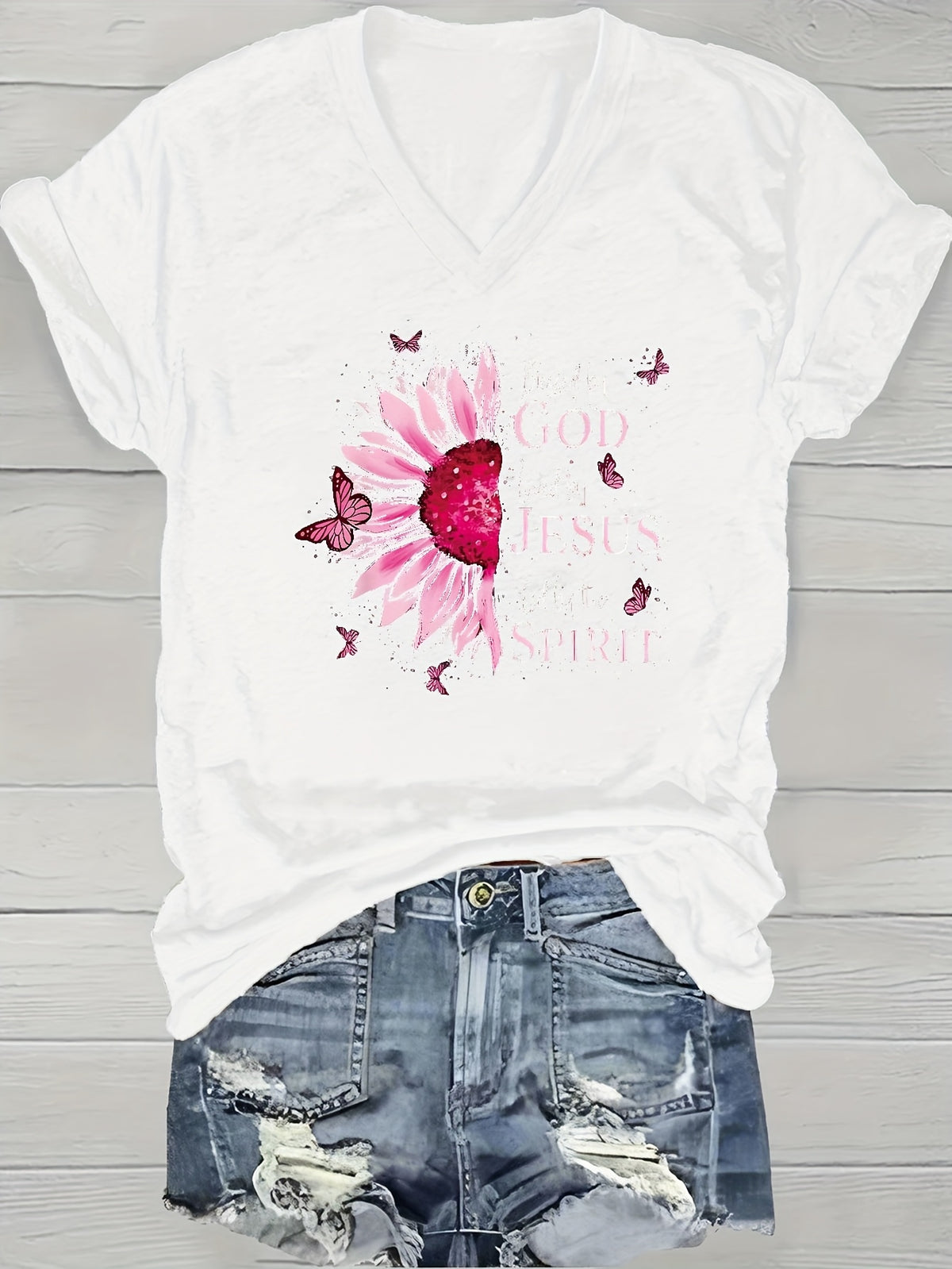 Printed V-Neck T-Shirt Women Casual Short Sleeve Summer Top 5 Colors S-XXL