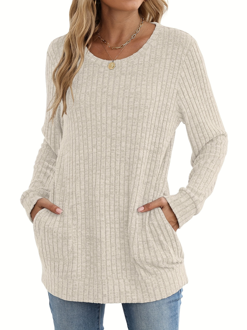 Oversized Sweater Dress Women Beige Long Sleeve Round Neck Tunic Pockets Cozy Casual All Season Machine Washable S-XXL