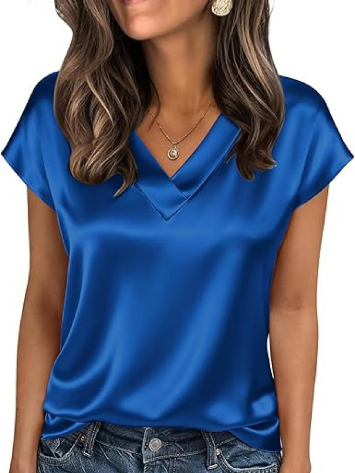 Women Satin V-Neck Cap Sleeve Blouse | Elegant Business Casual Top | Sizes S-XXL